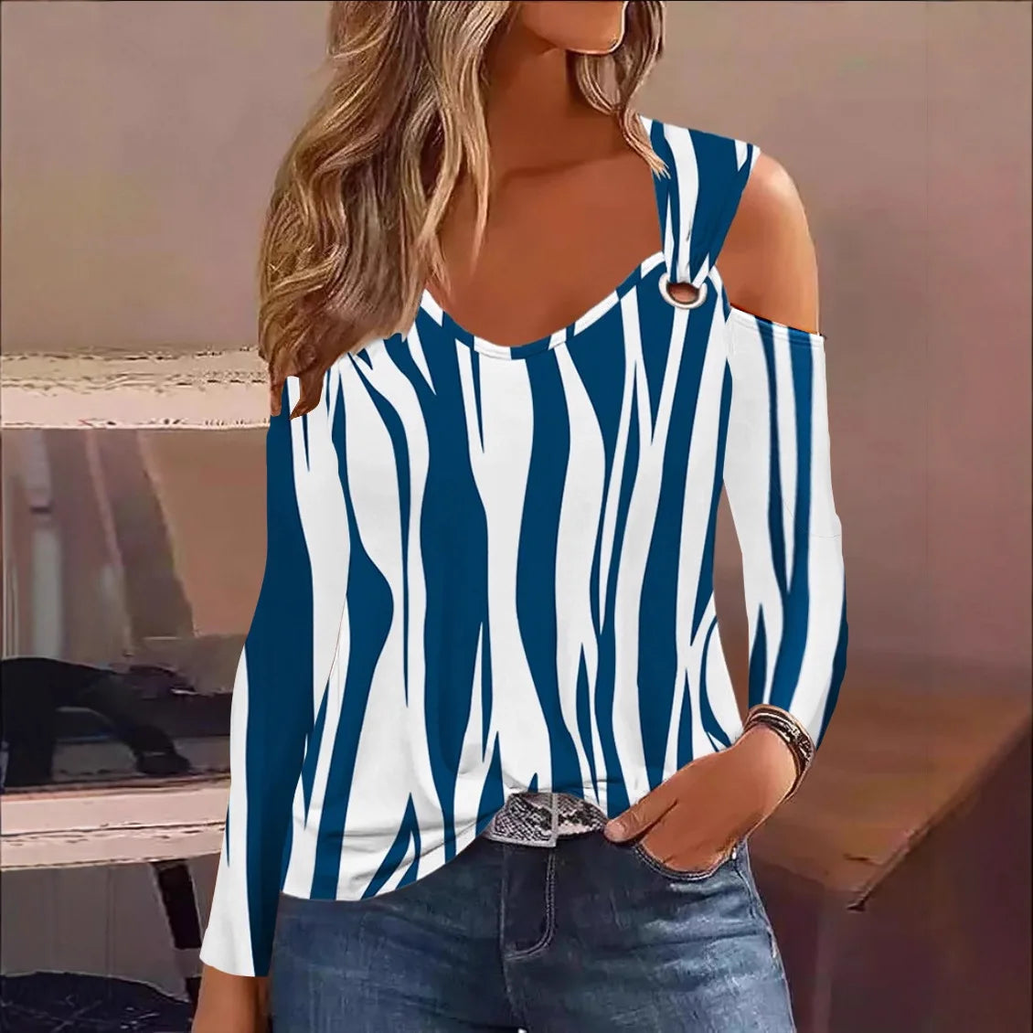 Womens Floral Print Cold Shoulder Long Sleeve Top Ring Strap V Neck Loose Casual Daily Commute Fashion Blouse