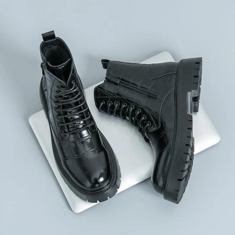 Luxury Brand Men's Autumn and Winter Crocodile Leather Side Zipper High Top Boots Fashionable New Men's Comfortable Short Boots