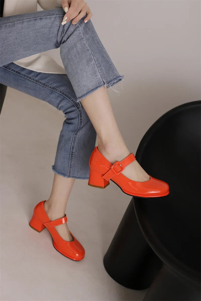 Spring Autumn Women Platform Mary Janes High Thick Heel Orange Red Patent Leather Dress Office Lady Round Toe Buckle Strap Pumps