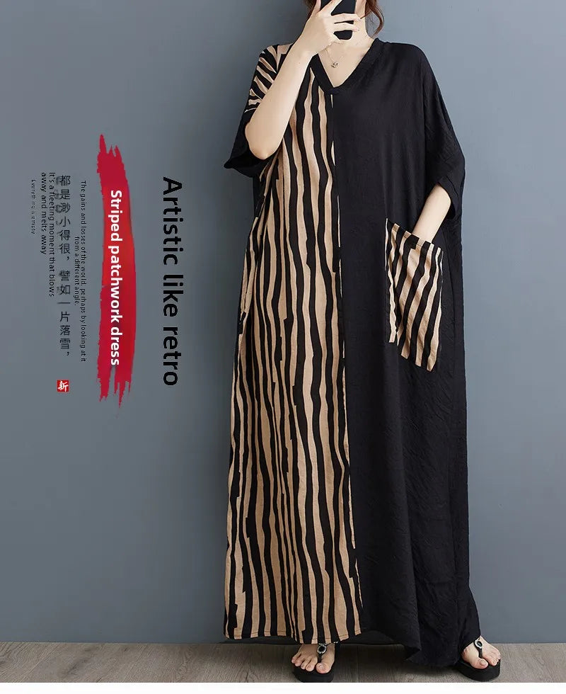 Long V-Ne ort Sve Printed Slimming Cotton Linen Dr Color Blo Casual Loose Fit Summer Faion plus Size Women