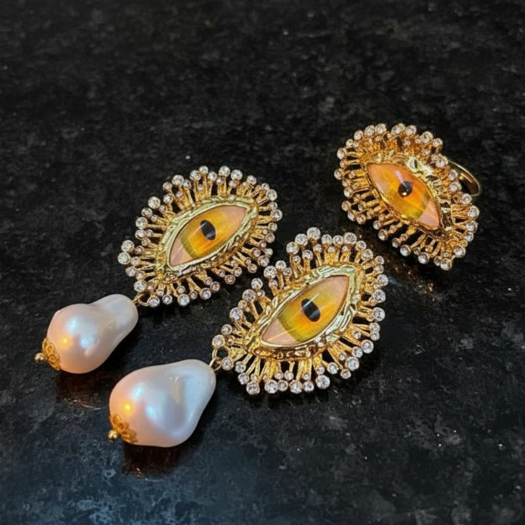 NISHIZAWA Earrings & Ring set for Women Hyperbole Eye Tassels Palace Style Vintage Luxury Aretes De Mujer Pearls Fashion Party Jewelry