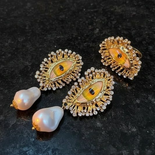 NISHIZAWA Earrings & Ring set for Women Hyperbole Eye Tassels Palace Style Vintage Luxury Aretes De Mujer Pearls Fashion Party Jewelry