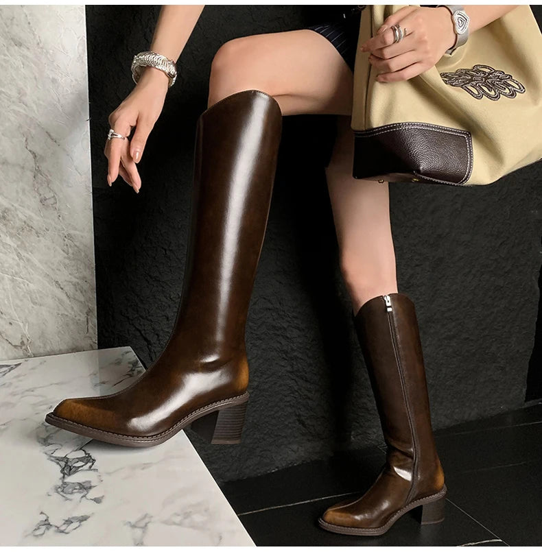 Ods New Women Genuine Leather Pointed Toe Knee High Boots Black White Brown Side Zipper Female Shoes Thick Heel Plus Size 42