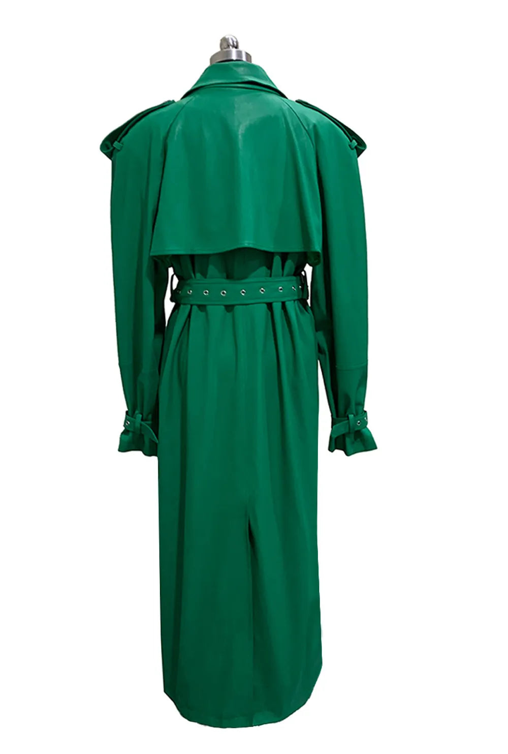 Nerazzurri Autumn Extra Long Soft Green Oversized Pu Leather Trench Coat for Women Shoulder Pads Belt Double Breasted Overcoat