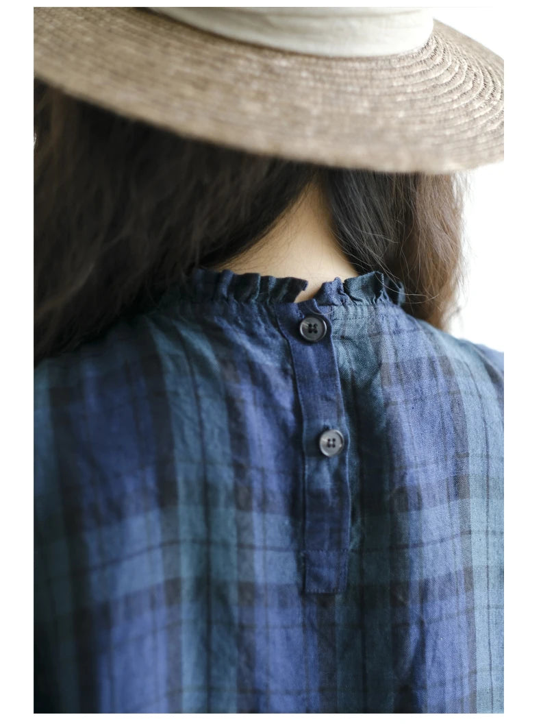 Summer 2026 Large Size Cotton Linen Plaid Vest Skirt Long Svel Dr Chest Splicing Wooden  Ear A-Line Dr