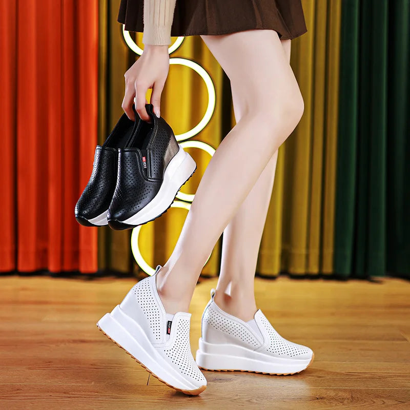 Fujin 10cm Women Summer Breathable Casual Sandals Platform Wedge Fashion Ins White Genuine Leather Chunky Sneaker Hollow Shoes