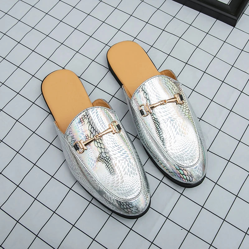 Fashion Brand Men's Cool Snake Skin Pattern Comfortable Half Back Leather Shoe Summer Men Breathable Bottom Casual Leather Shoes
