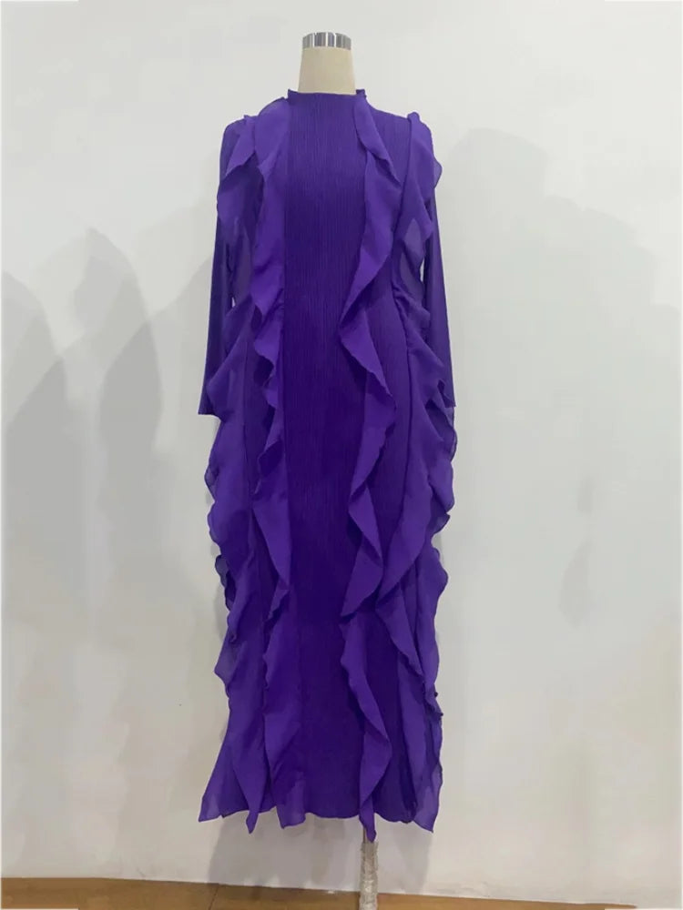 Miyake Pleated Fashion Dress O-Neck Long Sleeve Spliced Ruffles New 2023 Summer Evening Party Clothing Lady Middle East HotSales