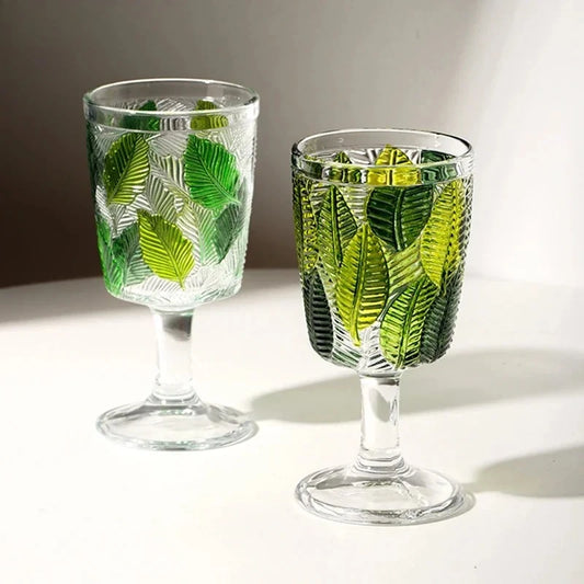 Relief Leaf Glass Cup Red Wine Glass Juice Cup Cocktail Glasses 295ml Hand Painted High Footed Cup Household Glass Wine Set