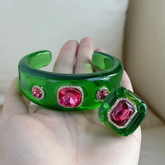 Luxury Jewelry Set Woman Resin Chunky Bangles Rings Exaggerated Geometric Round Gradient Open Bracelet Party Gift Accessories