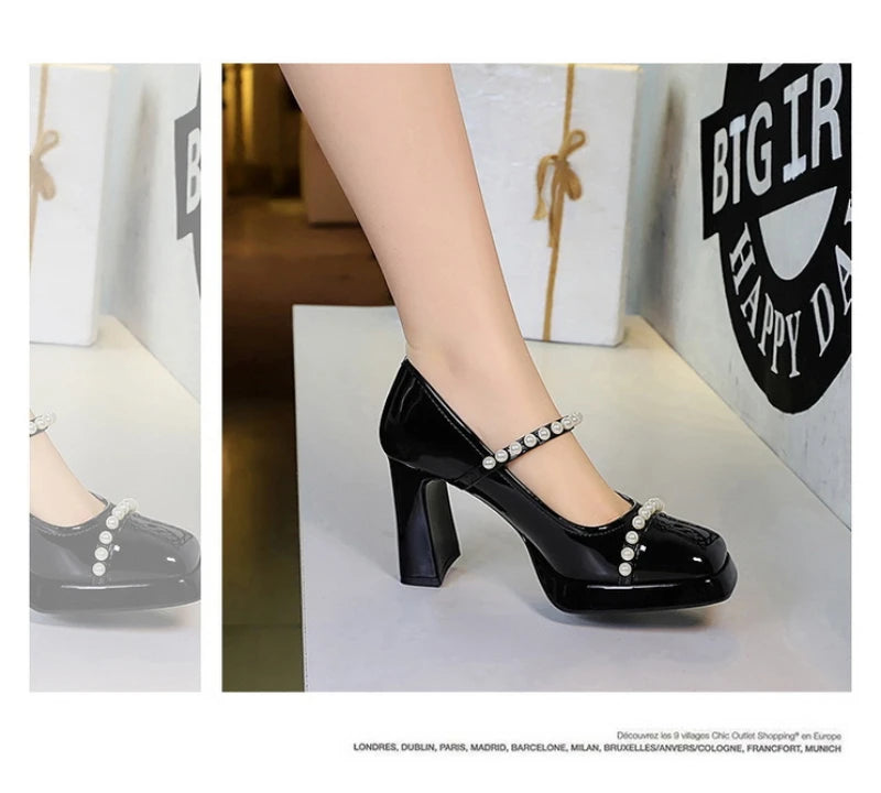 Retro Style Color Block Square Toe Thick Heel High Heels Women's Waterproof Platform Pearl Mary Jane Shoes Casual Fashion