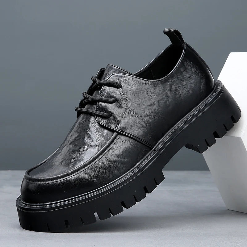 Men's Fashion Genuine Leather British Style Thick Bottom Work Shoes Classic Lace Up Comfortable Anti Slip Big Head Leather Shoes