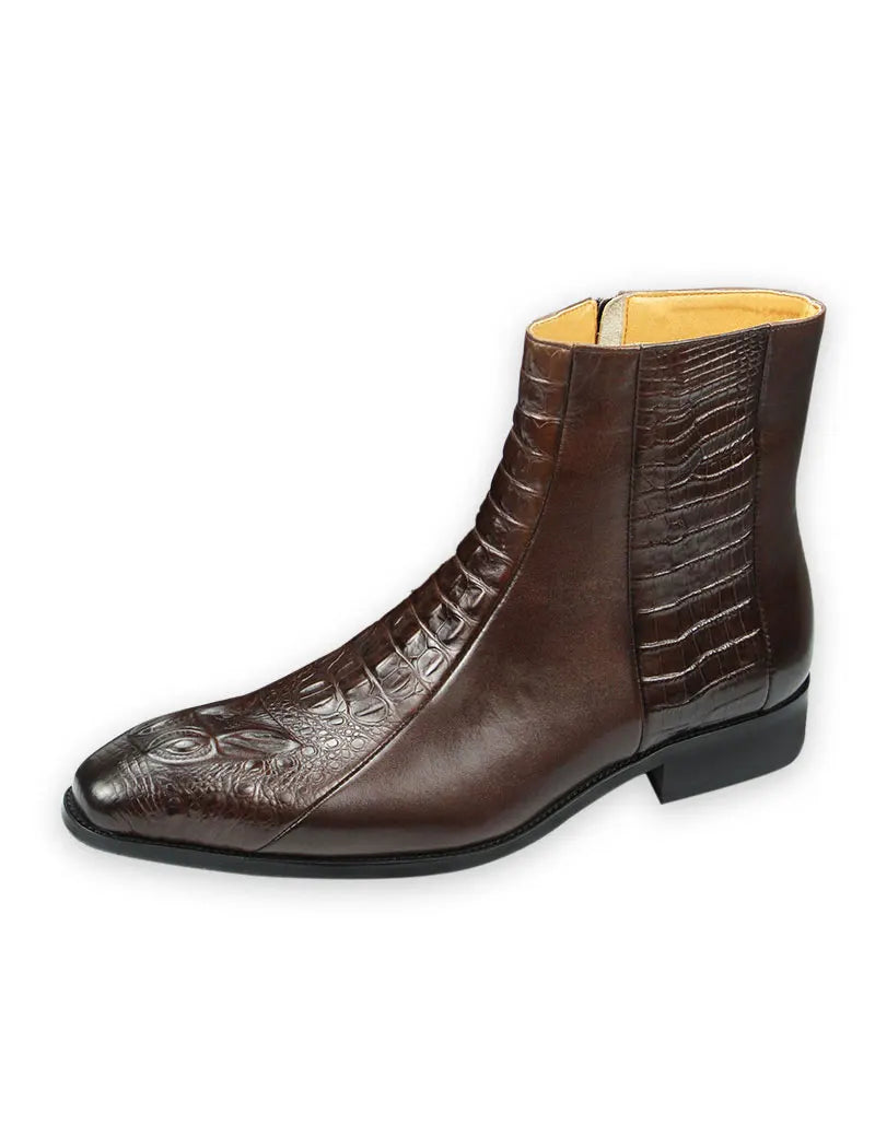 Genuine Leather Mens Boots Autumn Winter Vintage English Style Pointed Toe Work Boots Exquisite Crocodile Engraved Zipper Shoes