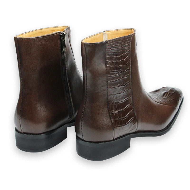 Genuine Leather Mens Boots Autumn Winter Vintage English Style Pointed Toe Work Boots Exquisite Crocodile Engraved Zipper Shoes