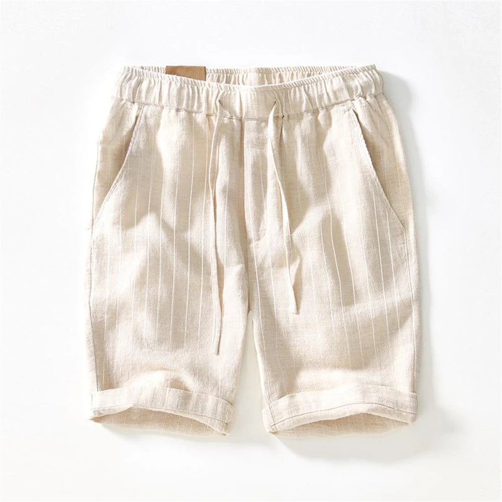 Summer cotton linen men's beach shorts loose fit breathable ramie striped straight daily causal pants for men