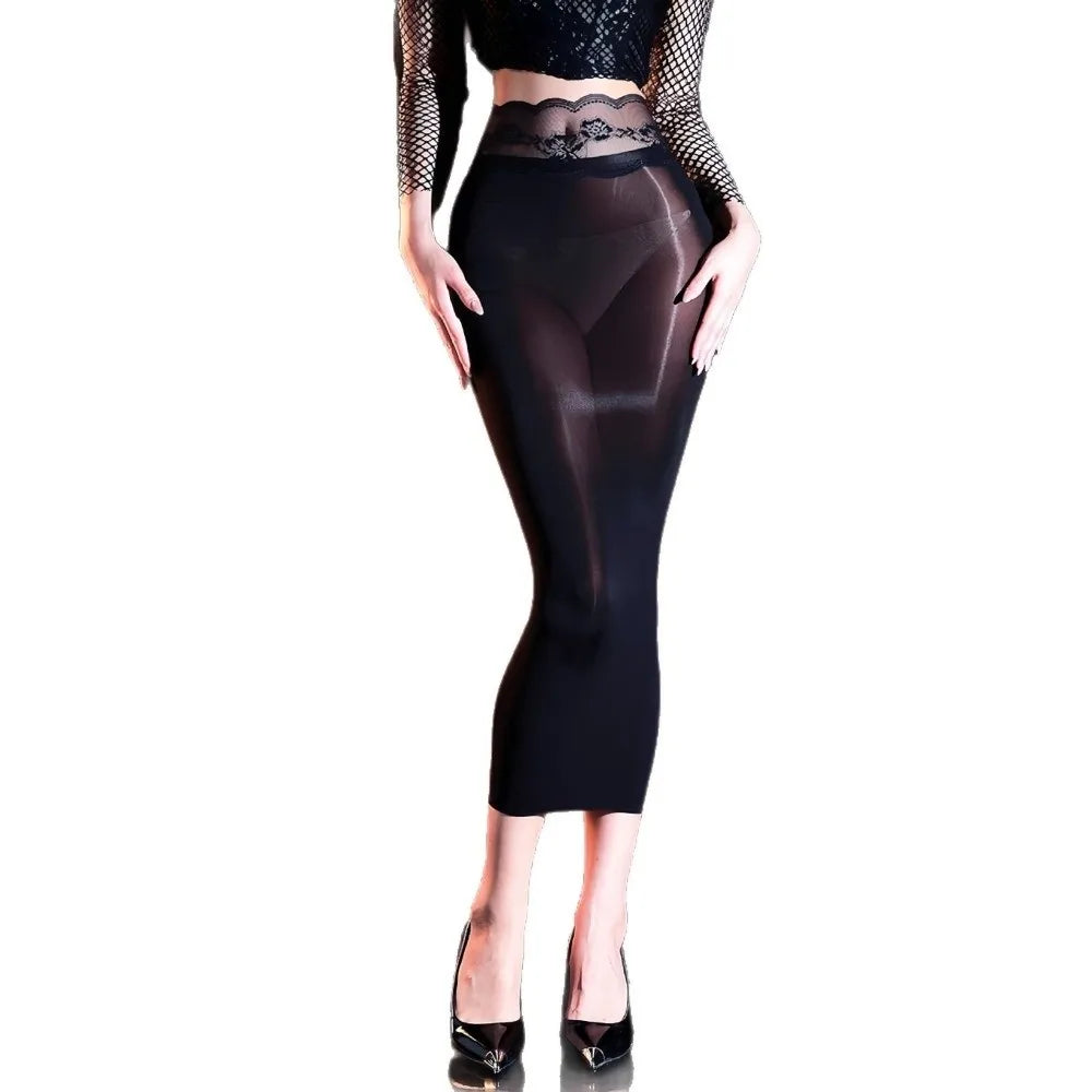 5D Ultrathin Hip Pencil Skirts Elastic Lift Butt Oil Glossy Shiny Bodycon Dresses Sheer High Lace Waist Sheer Wrap Skirts Women