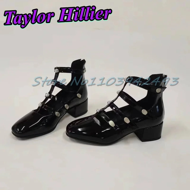 Gladiator Green Heeled Sandals Rivets Women Designer Luxury Shoes Patent Leather Solid Sandalias De Mujer Roman Strappy Palace