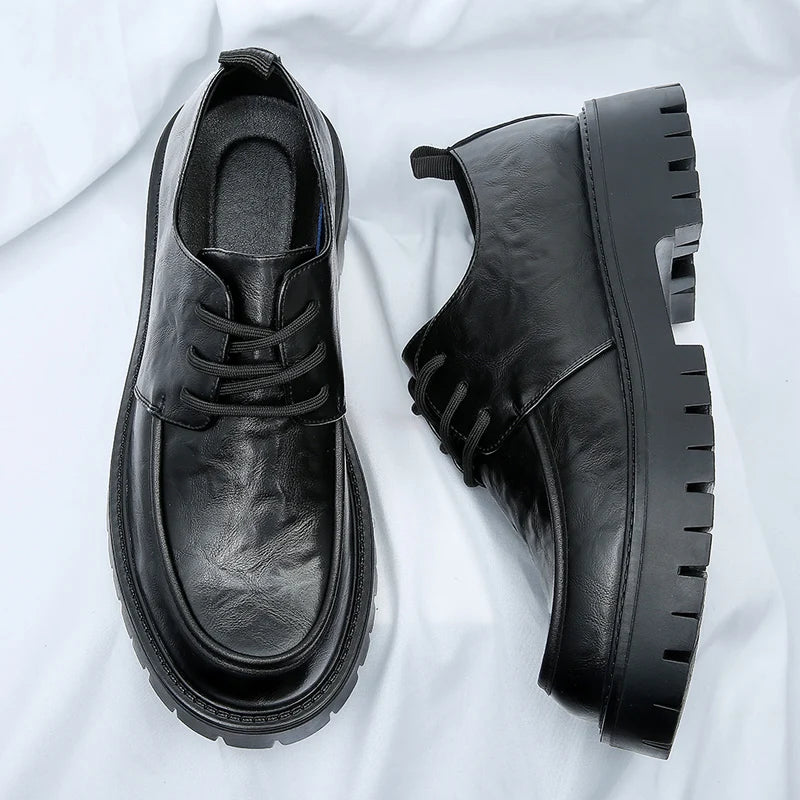 Men's Fashion Genuine Leather British Style Thick Bottom Work Shoes Classic Lace Up Comfortable Anti Slip Big Head Leather Shoes