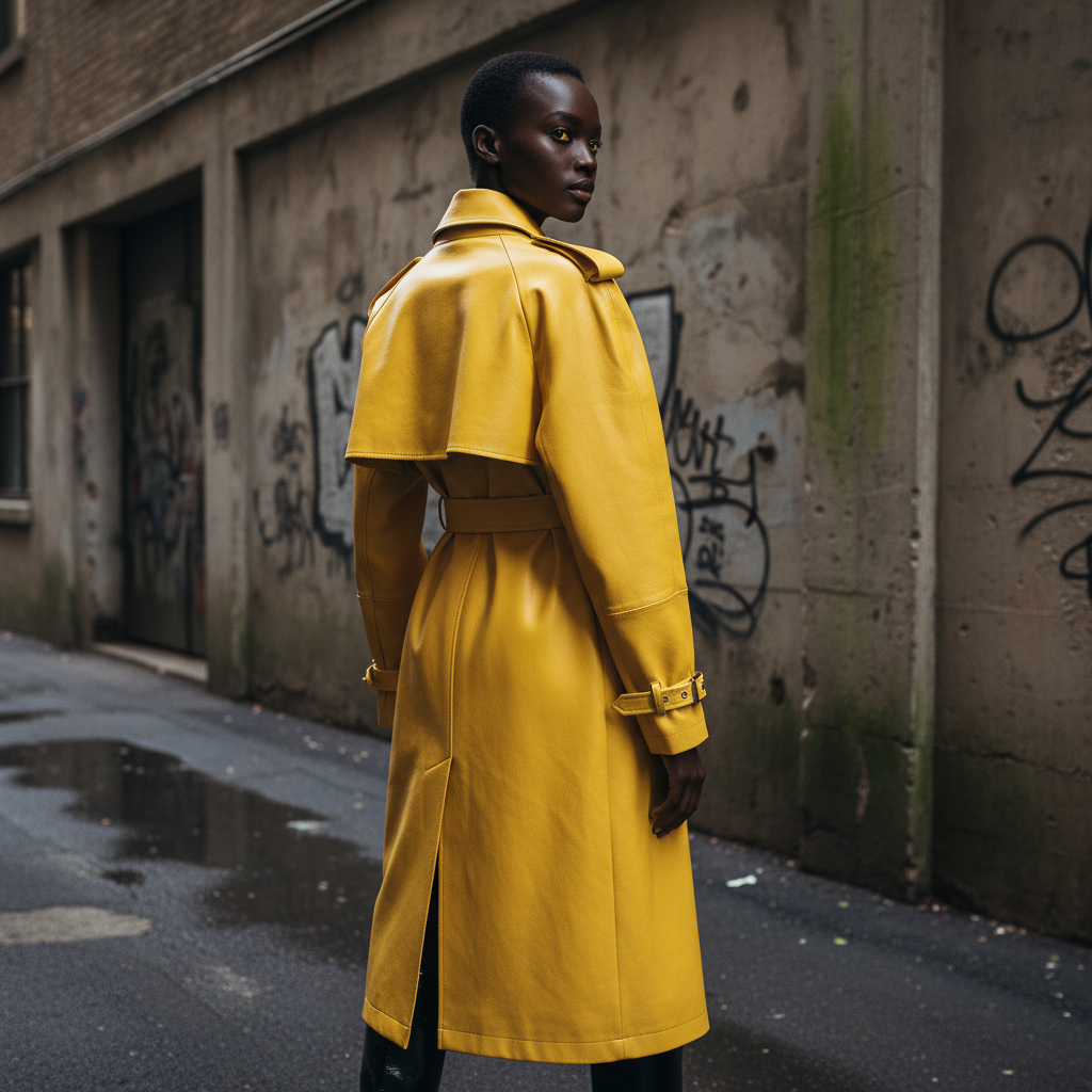 Spring Autumn Extra Long Bright Yellow Faux Leather Trench Coat for Women Shoulder Pads Double Breasted Luxury Designer Clothes