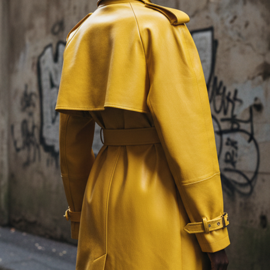 Spring Autumn Extra Long Bright Yellow Faux Leather Trench Coat for Women Shoulder Pads Double Breasted Luxury Designer Clothes