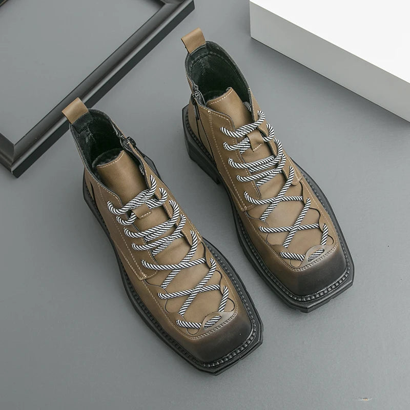 Autumn New Men Comfortable Lace Up Side Zipper High Top Leather Shoes Fashion Brand Round Toe Thick Soled Non Slip Outdoor Boots