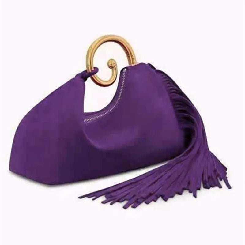 2025 Luxury Fashion Designer Metal Handle Women's Tassel Handbags Brand High-end Party Faux Suede Tote Bag Elegant Evening Bag