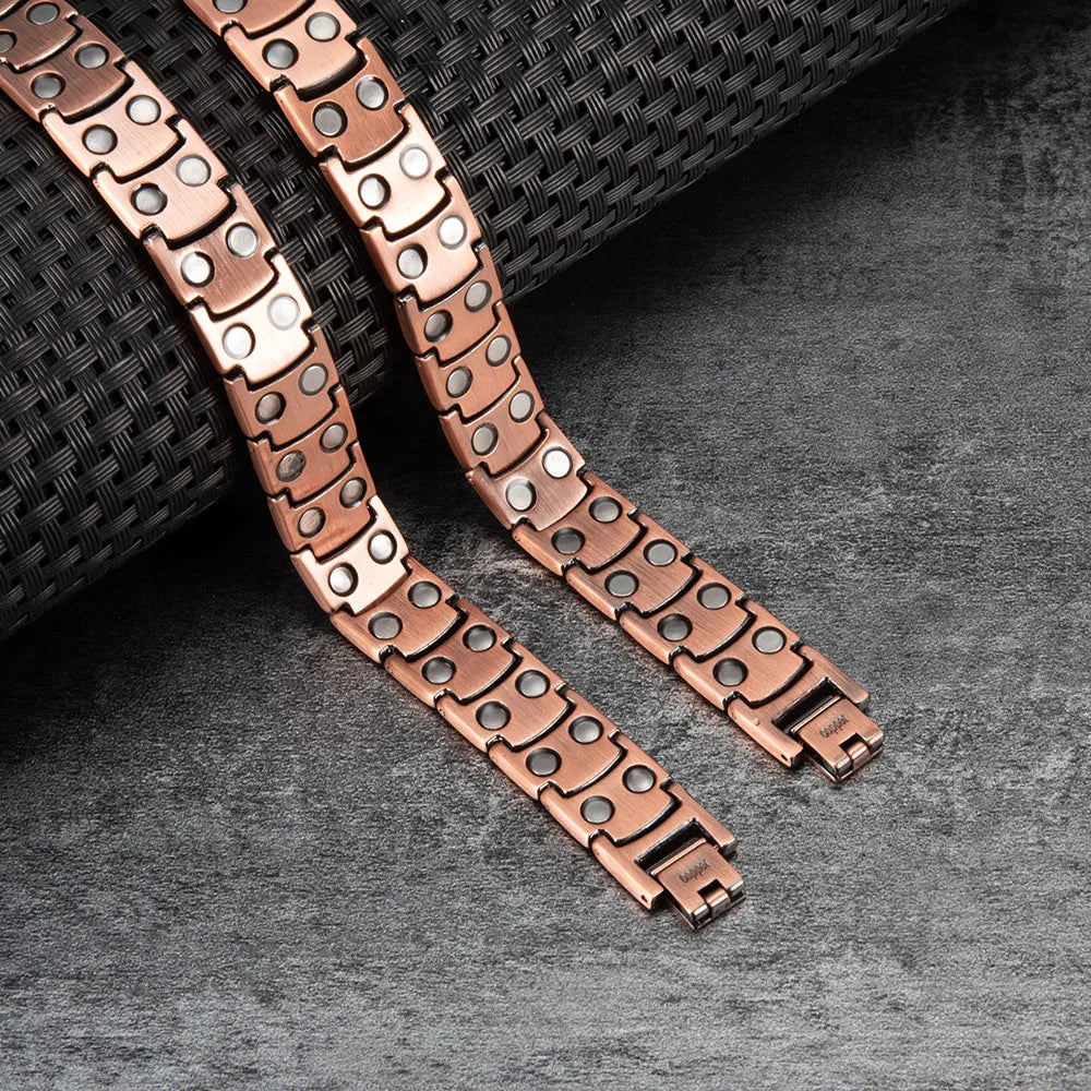 Pure Copper Magnetic Bracelet for Men Vintage Artificial Turquoise 14mm Wide Bracelets Benefits Chain Link Jewelry Waterproof