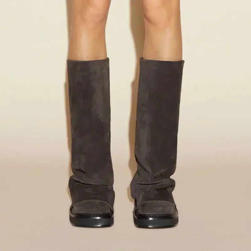 Women's Chunky Leather Flats & Knee Boots - Square Toe Loose Fit Spring-Autumn Casual Shoes with Pleated Pants