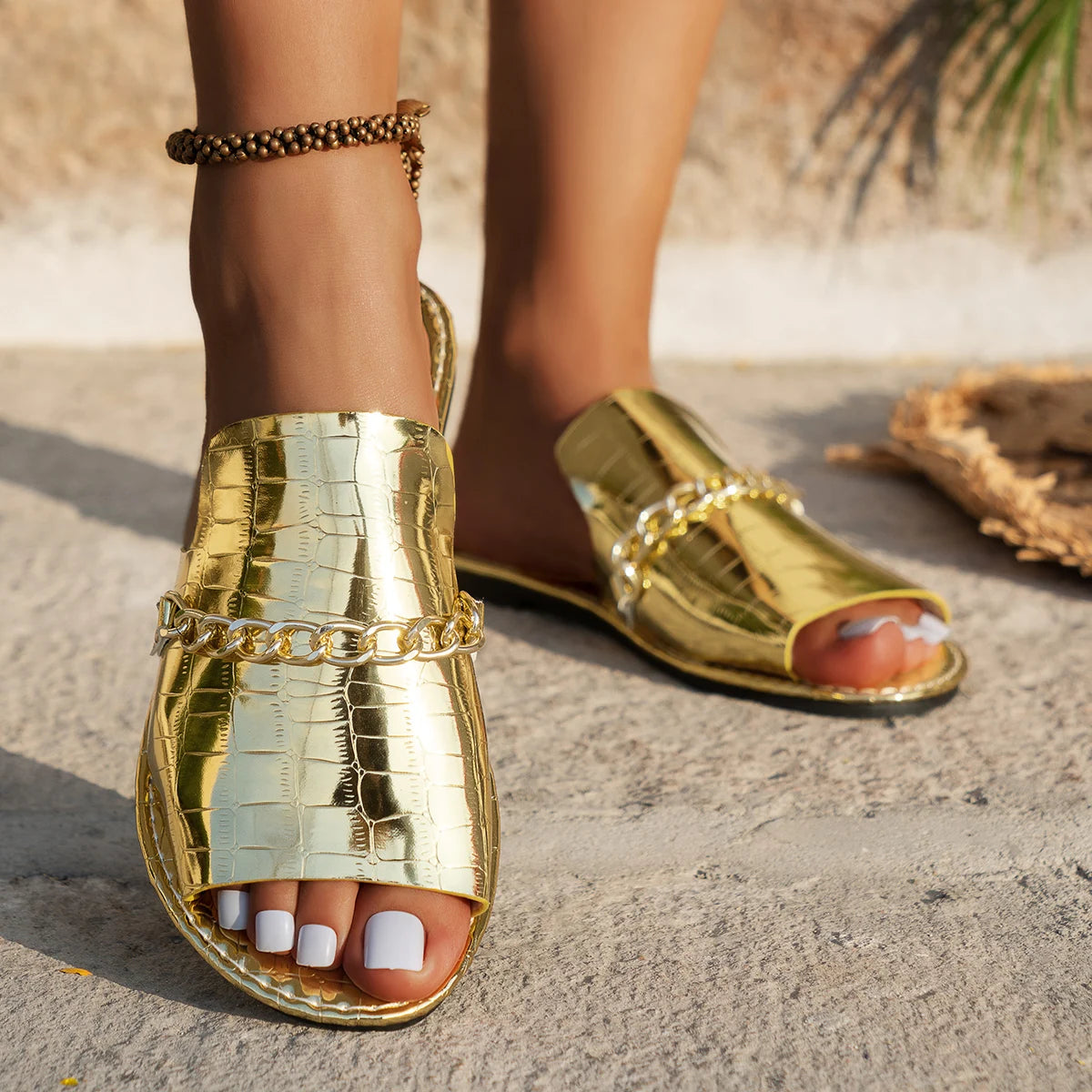 Women's Large Size Chain Flat Sandals 36-43 Summer 2026 Fashion Casual Versatile Open Toe Slippers Versatile Comfortable Sandals