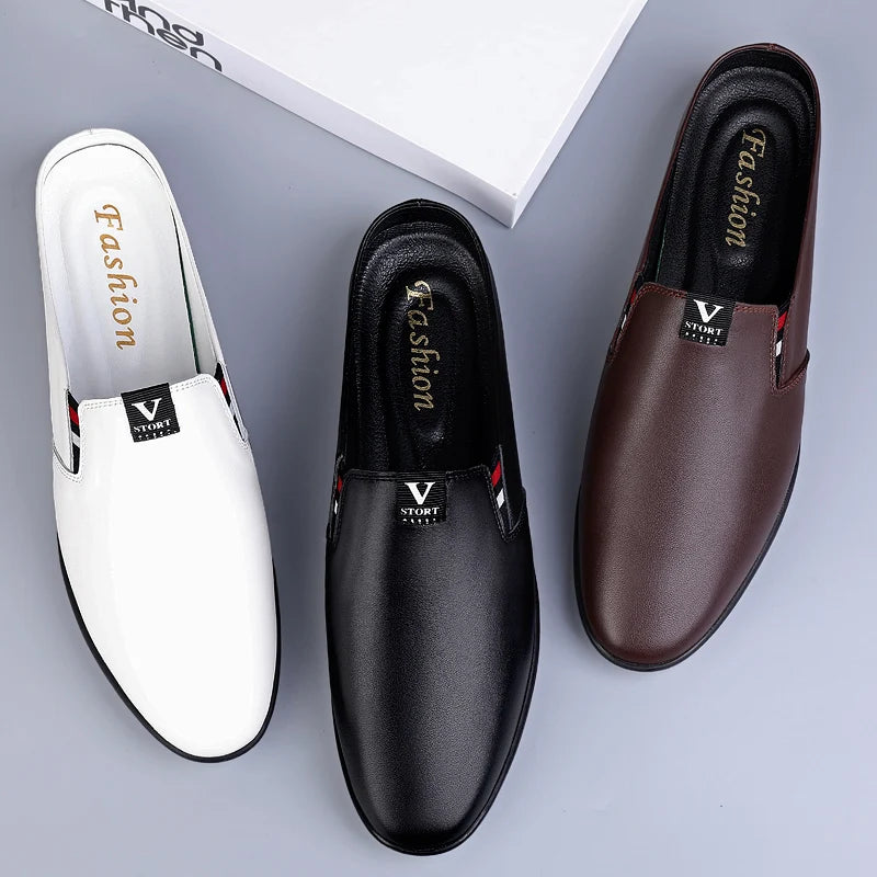 Men's Leather Black Half Leather Shoes Fashion Non-slip Half Trailer Men Sandals Moccasin Breathable Soft Flats Men Driving Shoe