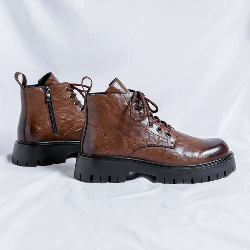 New Fashion Lace Up Casual Mens Boots Mens Thick Sole Ankle Boots Trendy Comfortable Mens Classic Black/Brown Motorcycle Boots