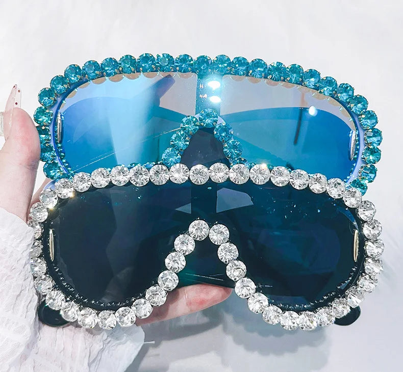 Shiny Diamonds Y2K Sunglasses Women Luxury Oversized One Piece Sun Glasses Goggle Female Trends Rhinestone Shades Eyewear UV400