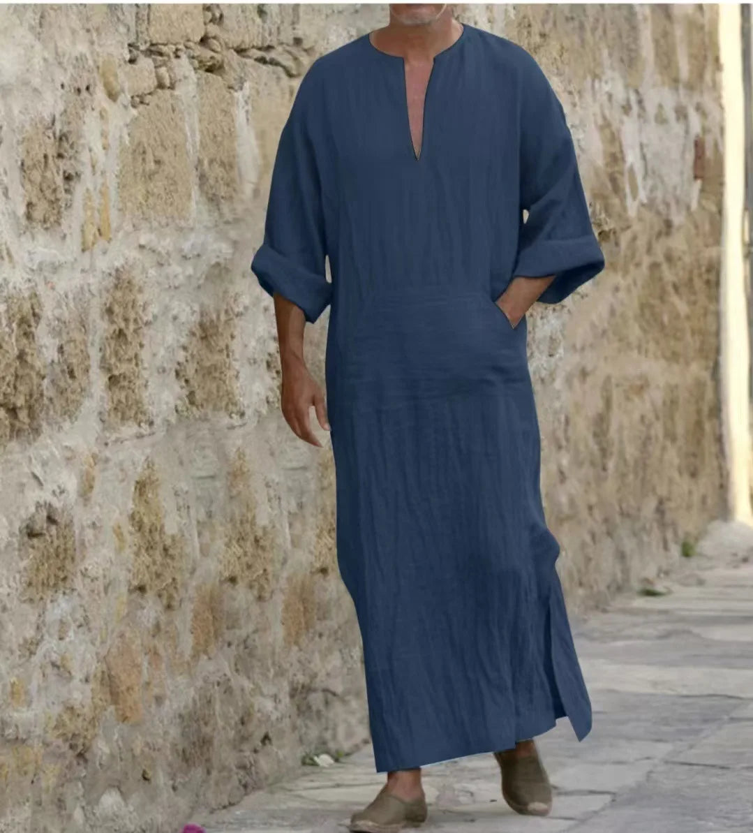 New 2026 Men Cotton Linen Long T-shirts Muslim Solid Casual Abayas Men Jubba Thobe Kaftan Arab Islamic V-neck Long Sleeve Robes