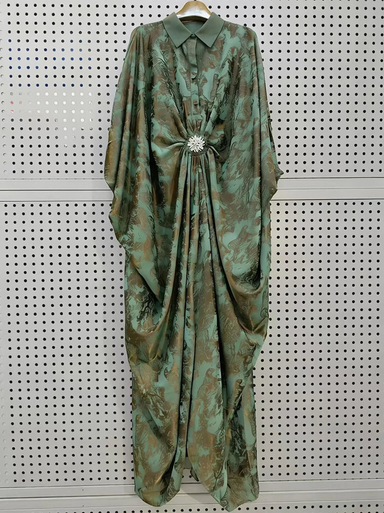 Retro tie dye printed diamond button pleated lapel pullover dress, fashionable loose plus size women's irregular shirt skirt