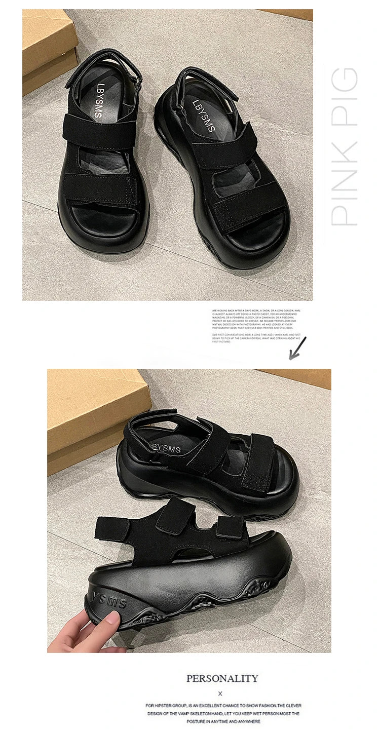 7CM High Platform Leather Sandals Women New Summer Breathable High Heels Ladies Beach Sneakers Wedges Chunky Slippers Sandalias