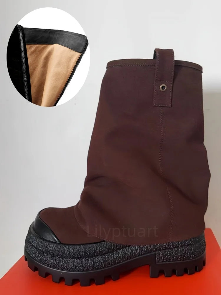 Women's Chunky Leather Flats & Knee Boots - Square Toe Loose Fit Spring-Autumn Casual Shoes with Pleated Pants