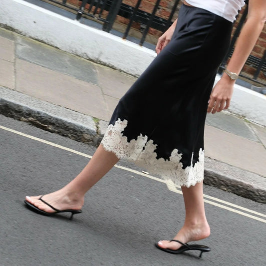 Combhasaki Women Silk Satin Half Slip Long Skirts Lace Patchwork Elastic Waist Long Skirt Elegant Silky Flowy A Line Midi Skirts