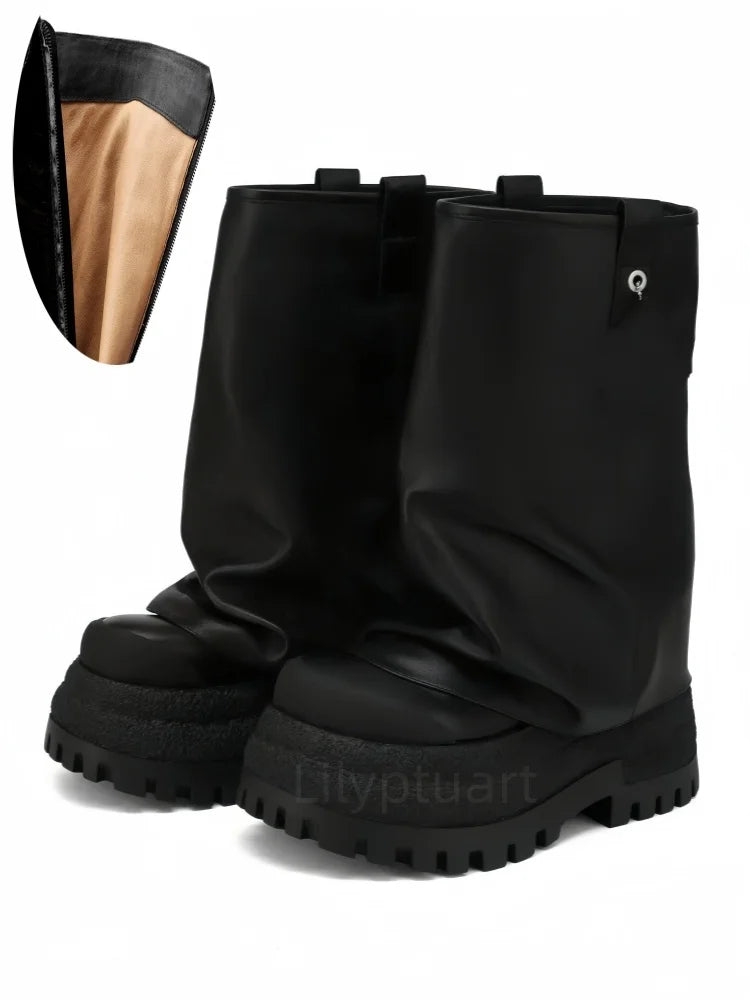 Women's Chunky Leather Flats & Knee Boots - Square Toe Loose Fit Spring-Autumn Casual Shoes with Pleated Pants