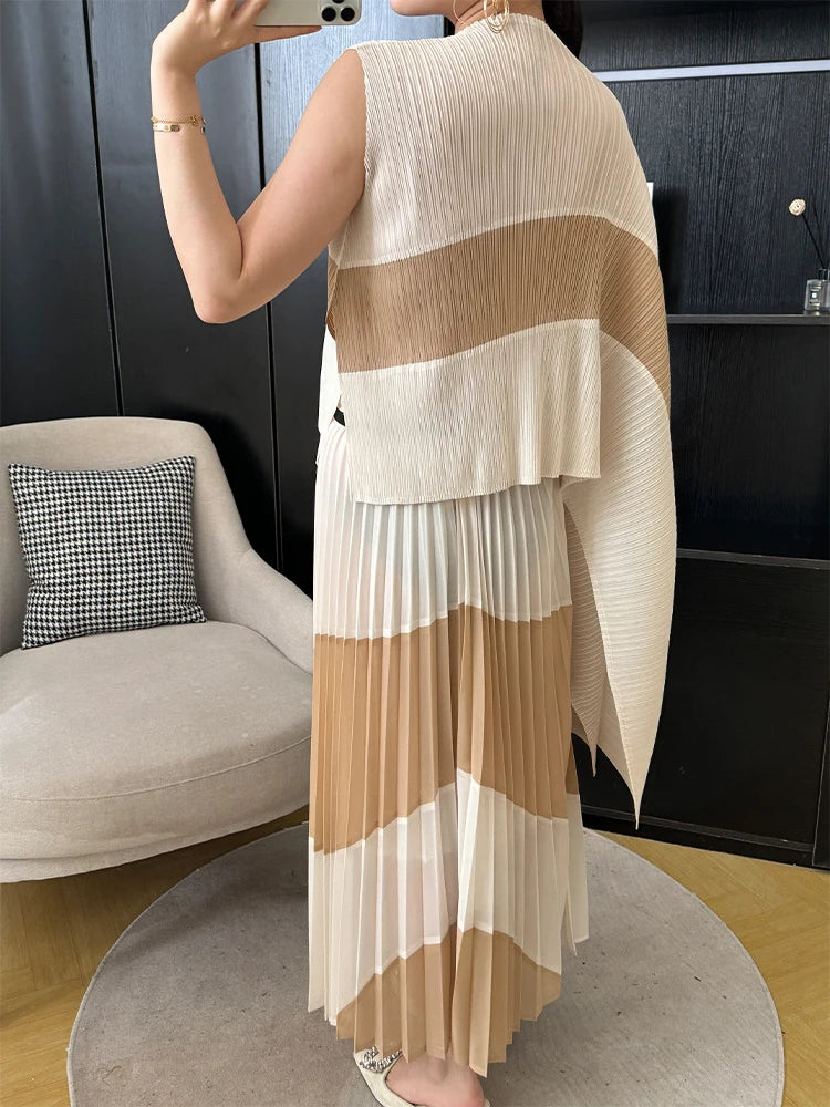 Miyake Pleated Two Piece Skirt Sets Women Sleeveless Irregular T-shirt Long Contrasting Color Skirt