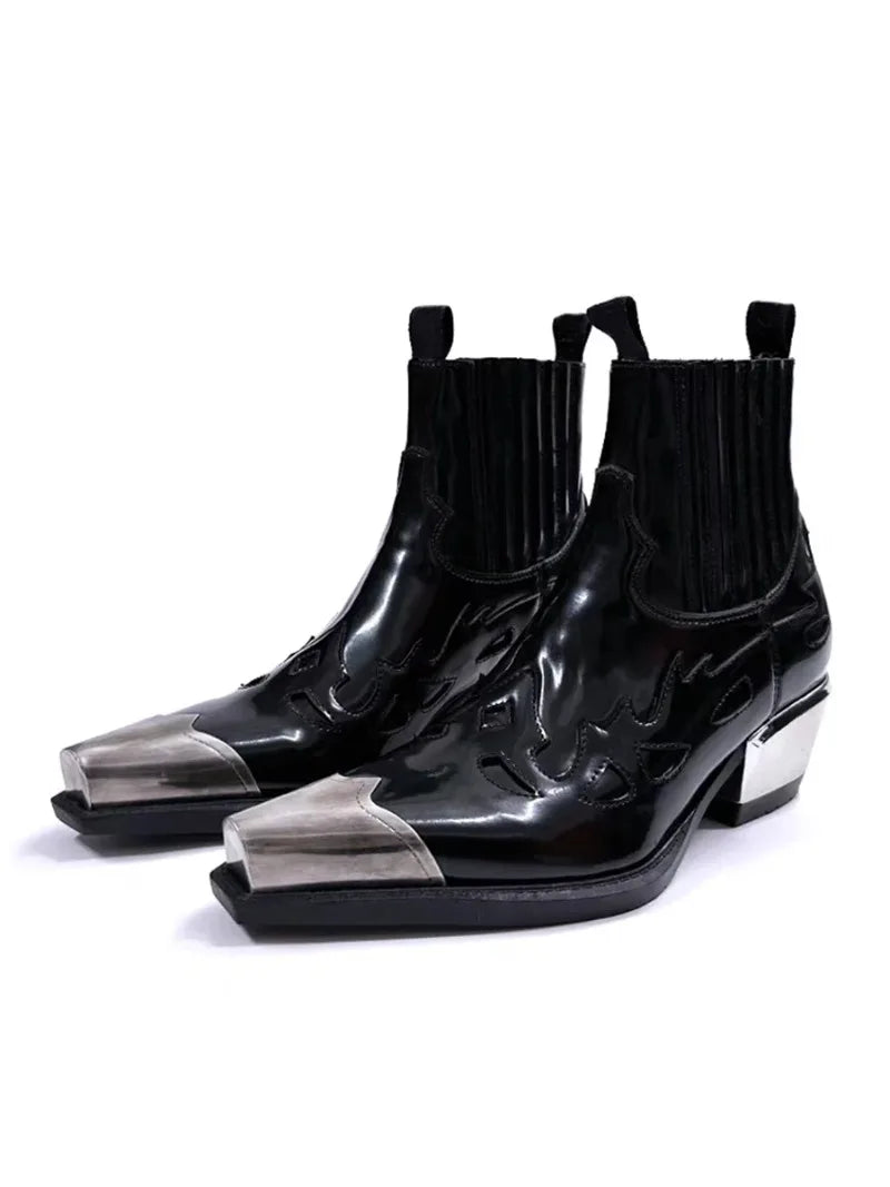Mens Boots Fashion Brand Metal Punk Boots Men Woman Autumn Winter Western Cowboy Pointed Chelsea Boots for Men