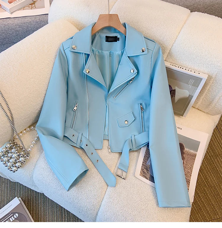 Blue PU leather jacket for women's spring autumn short Street style 2025 new retro motorcycle Leather Coat top