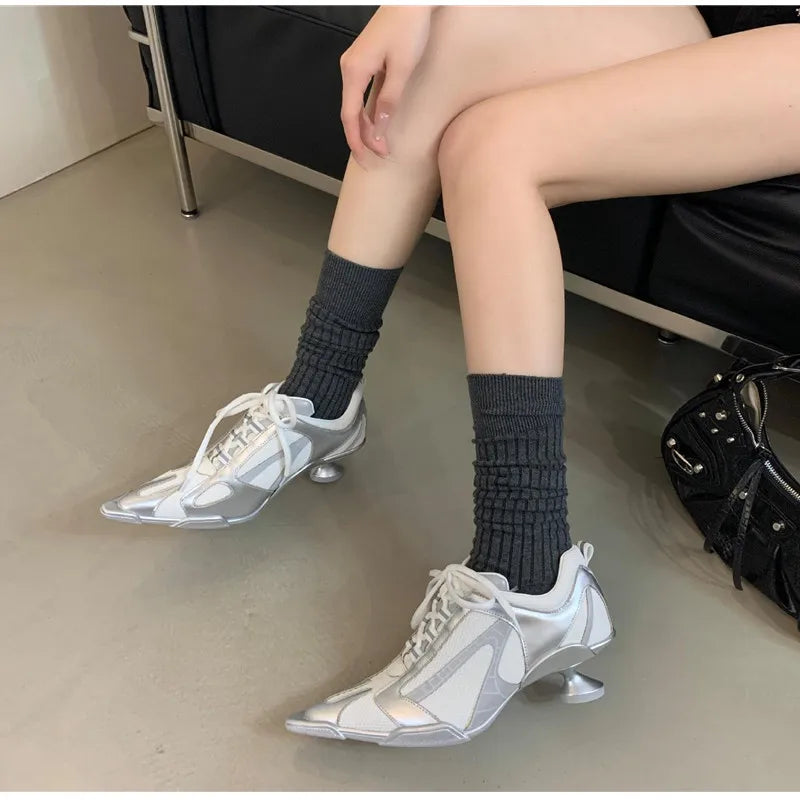 Sport Style Fashion Mixed-color Pointed toe Women Pumps Spring Autumn Breathable Mesh Strange High heels Casual Sneakers Shoes
