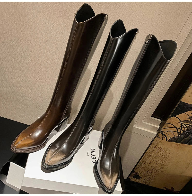 Ods New Women Genuine Leather Pointed Toe Knee High Boots Black White Brown Side Zipper Female Shoes Thick Heel Plus Size 42