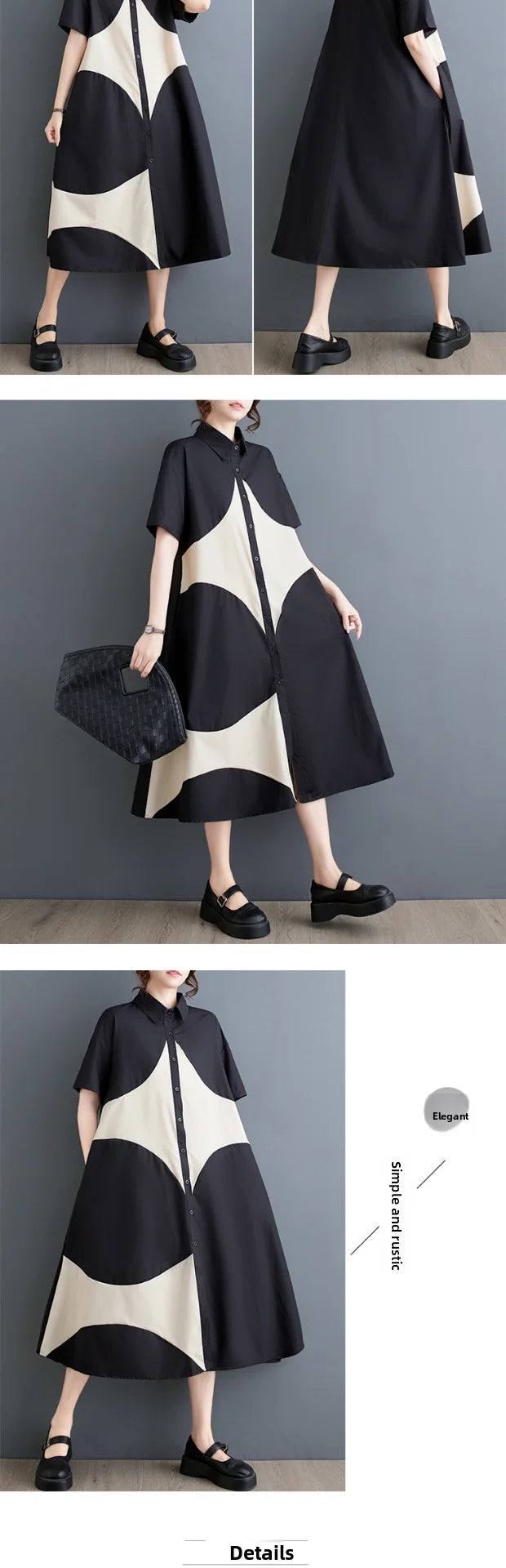 plus Size Summer Print Splice Casual Sweet ort Sve Dr Women's Loose Fit A-Line Gown f High Collar oulder Button
