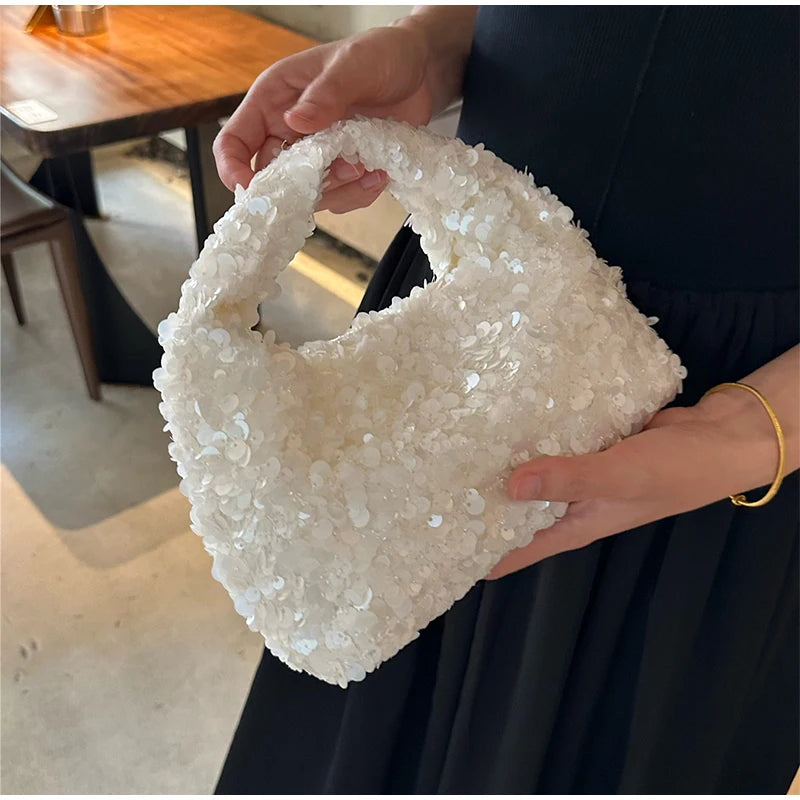 Luxury Pearlescent Sequin Elegant Clutch Purse,Niche French Designer Dumpling Cloud Hobo Evening Bag,Crescent Women Handbag