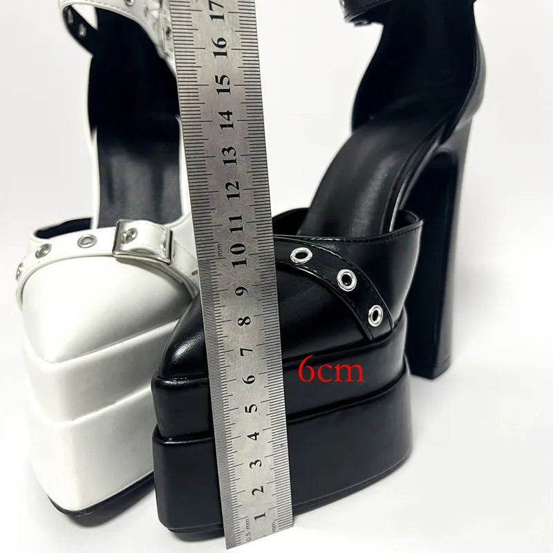 Runway style 15cm Ultra High heels Platform Wedges Women Pumps Fashion Rivet Ankle Strap Thick Heeled Spring Summer Chunky Shoes