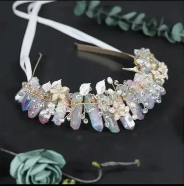 Natural Amethyst Quartz Crown Raw Stone Wand Hairpin with Flower Rhinestone Hand Crafted Women Hair Band for Party Birthday Gift