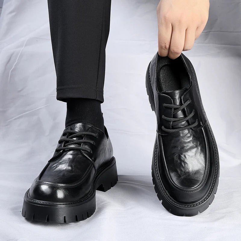 Men's Fashion Genuine Leather British Style Thick Bottom Work Shoes Classic Lace Up Comfortable Anti Slip Big Head Leather Shoes