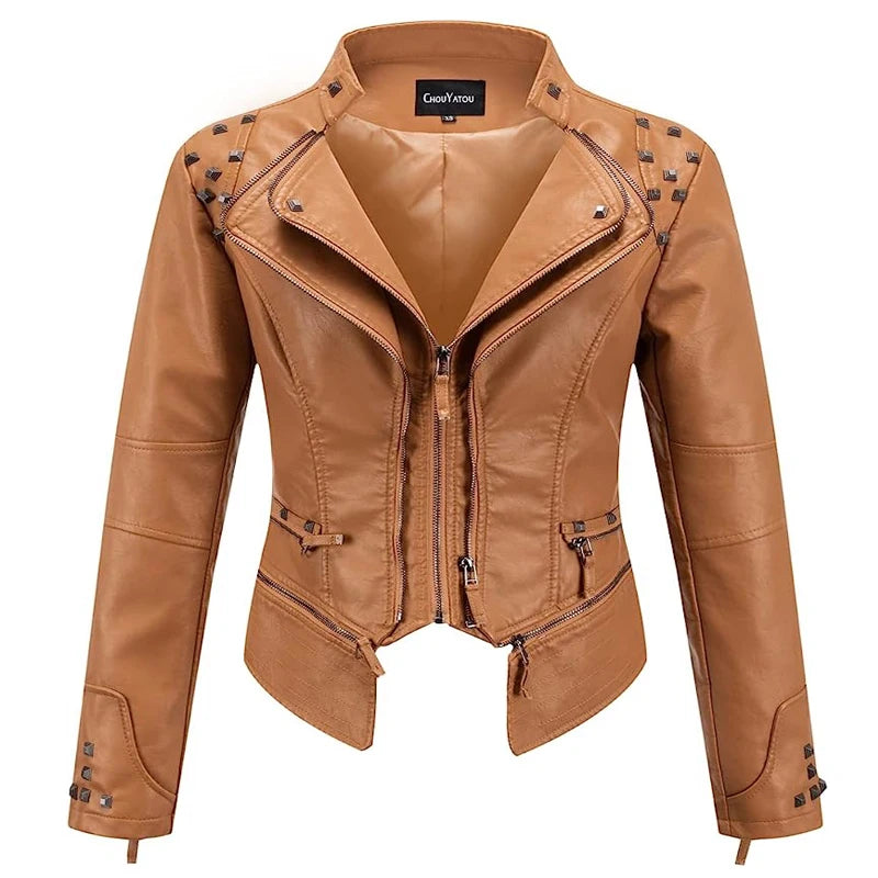 2025 2026 Winter- Spring New Style Suit Collar Rivet Waist Short Washed Pu Leather Jacket