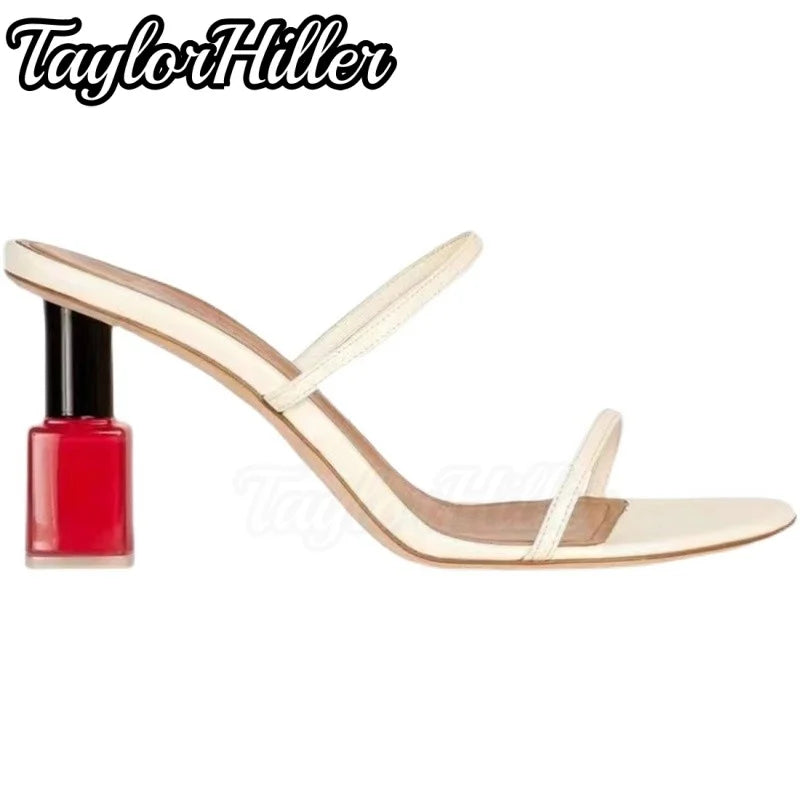 Vintage Strange Style Heeled Sandals Double Strappy Luxury Rose Design Summer Mule High Heels Pull On Slip On Black White Shoes